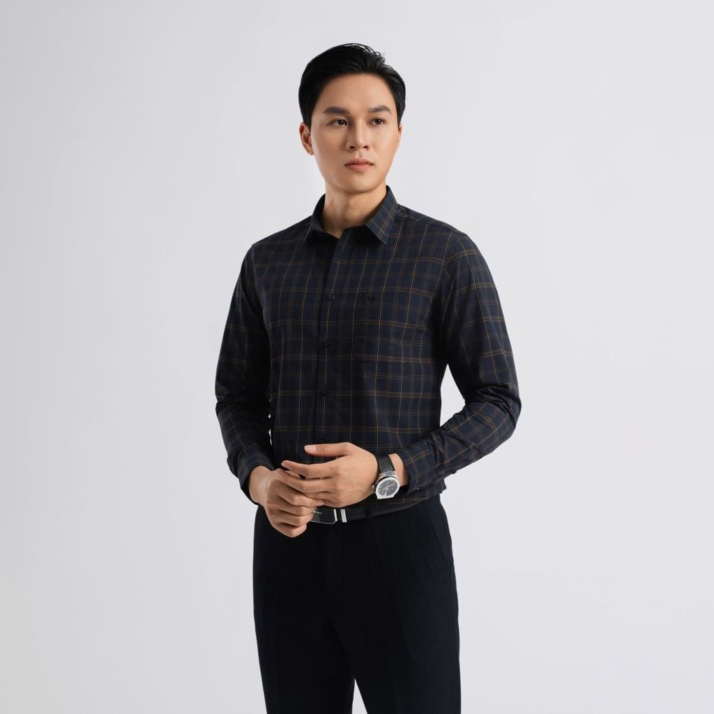 ÁO SƠ MI DÀI TAY VITIMEX DÁNG ÔM VỪA SLIMFIT KẺ CARO ASD 7830
