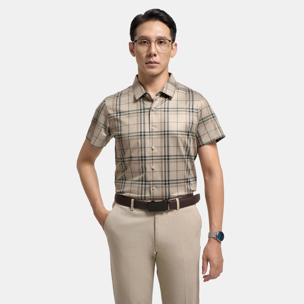 ÁO SƠ MI NGẮN TAY KHÔNG ĐƯỜNG MAY VITIMEX DÁNG ÔM VỪA SLIMFIT KẺ TO ATL 5008