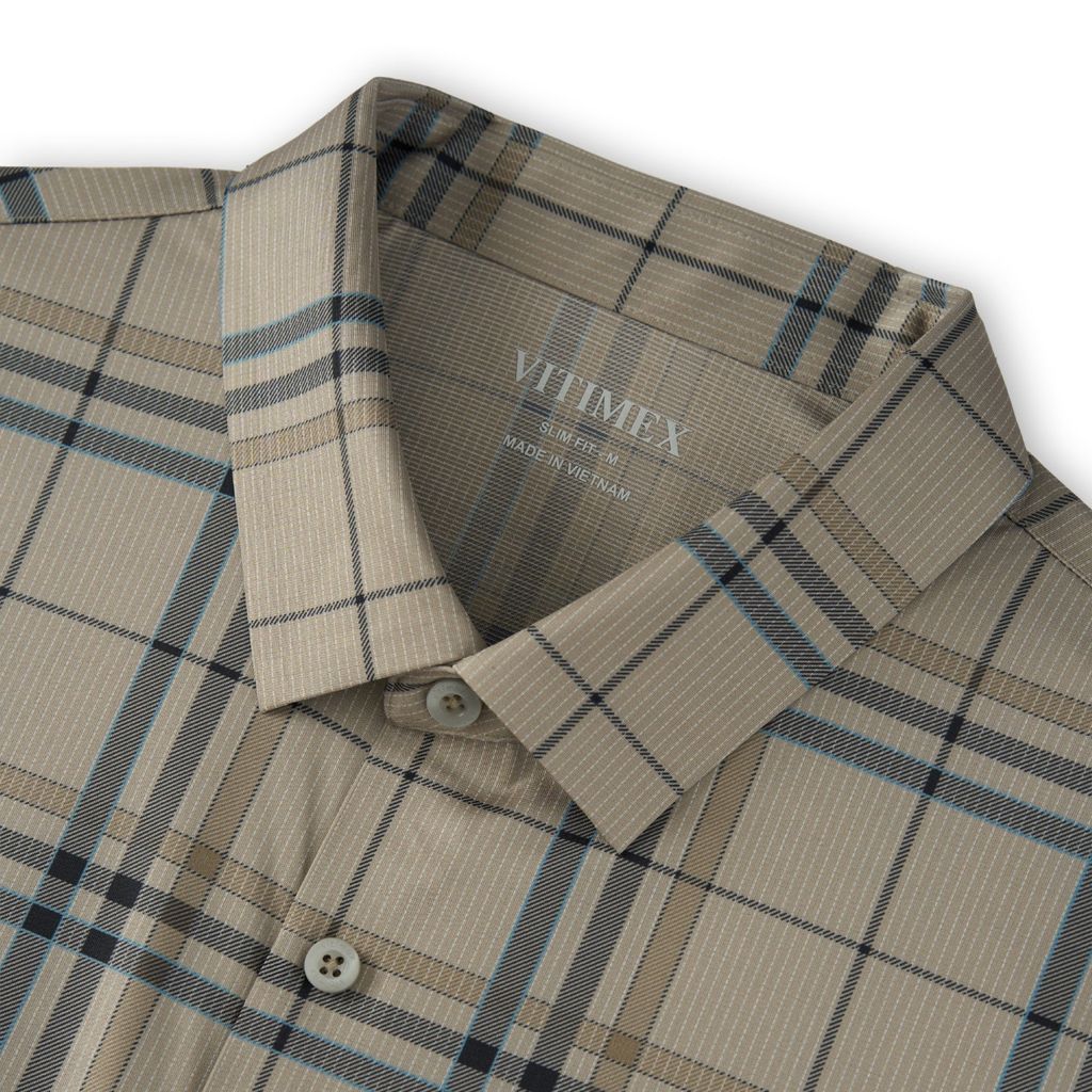 ÁO SƠ MI NGẮN TAY KHÔNG ĐƯỜNG MAY VITIMEX DÁNG ÔM VỪA SLIMFIT KẺ TO ATL 5008
