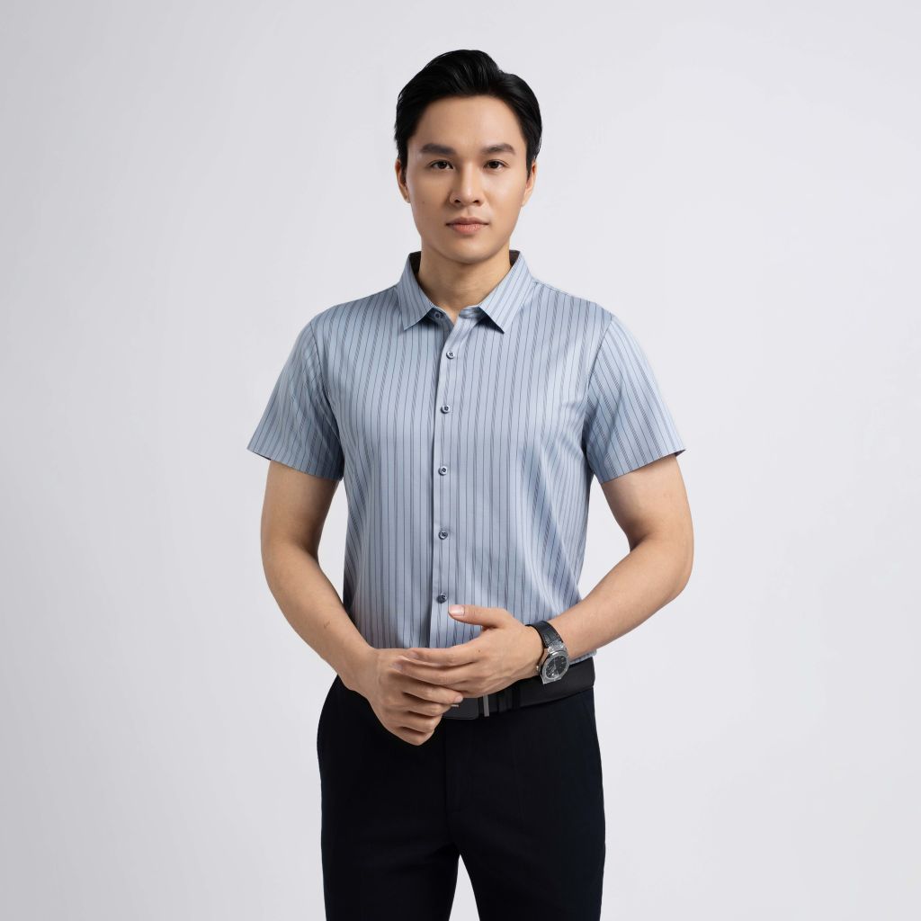 ÁO SƠ MI NGẮN TAY KHÔNG ĐƯỜNG MAY VITIMEX DÁNG ÔM VỪA SLIMFIT KẺ DỌC ATL 5013