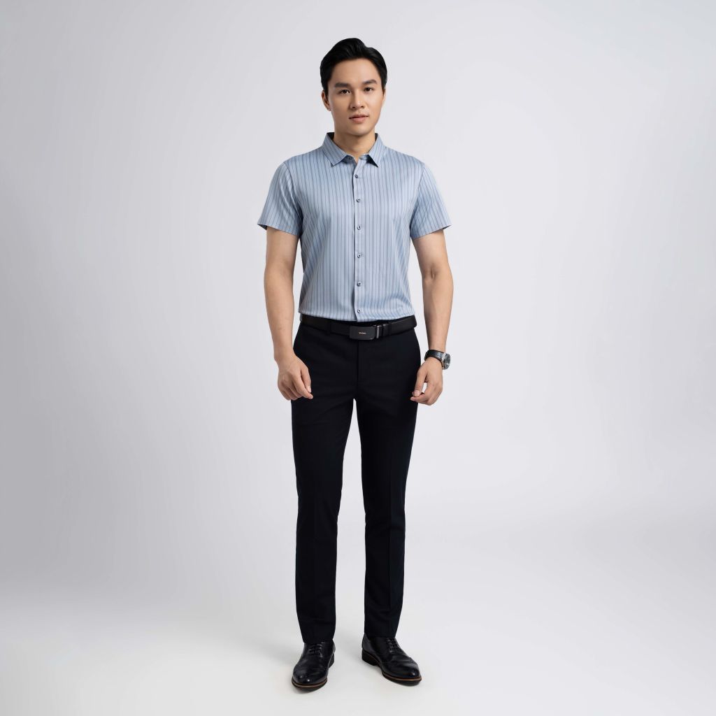 ÁO SƠ MI NGẮN TAY KHÔNG ĐƯỜNG MAY VITIMEX DÁNG ÔM VỪA SLIMFIT KẺ DỌC ATL 5013