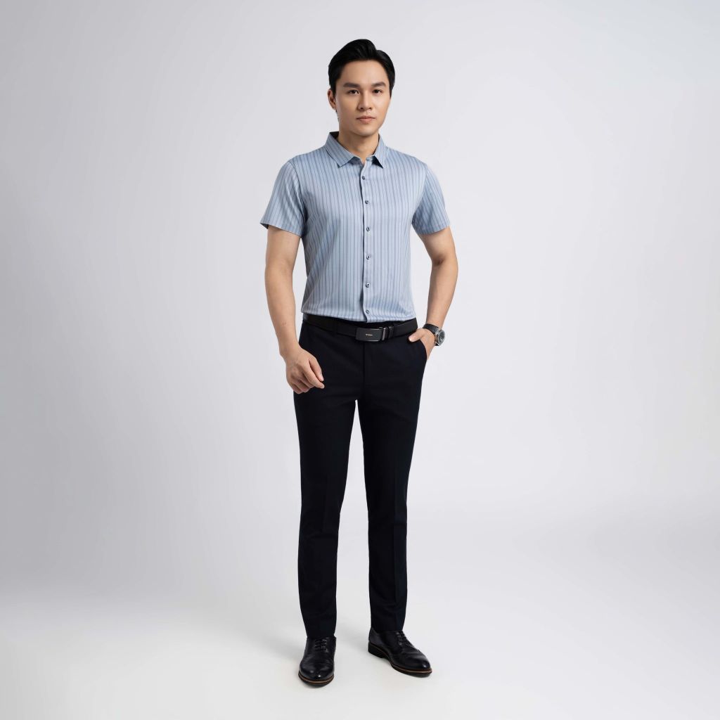 ÁO SƠ MI NGẮN TAY KHÔNG ĐƯỜNG MAY VITIMEX DÁNG ÔM VỪA SLIMFIT KẺ DỌC ATL 5013