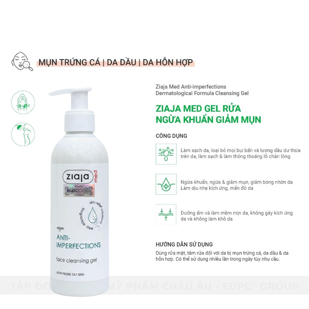 Sữa Rửa Mặt Giảm Mụn Ngừa Khuẩn Ziaja Med Anti-imperfections Dermatological Formula Cleansing Gel 200ml 5
