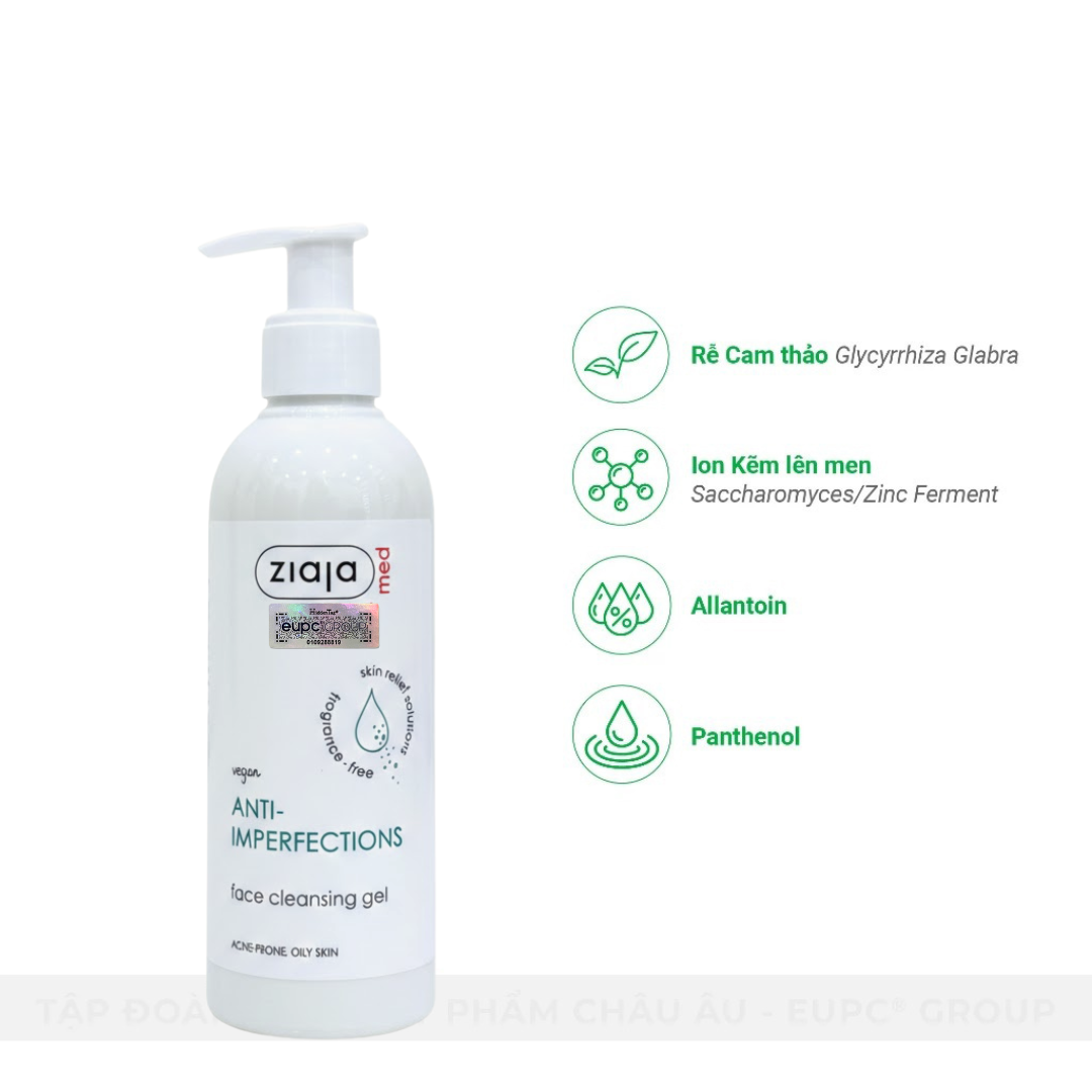 Sữa Rửa Mặt Giảm Mụn Ngừa Khuẩn Ziaja Med Anti-imperfections Dermatological Formula Cleansing Gel 200ml 6