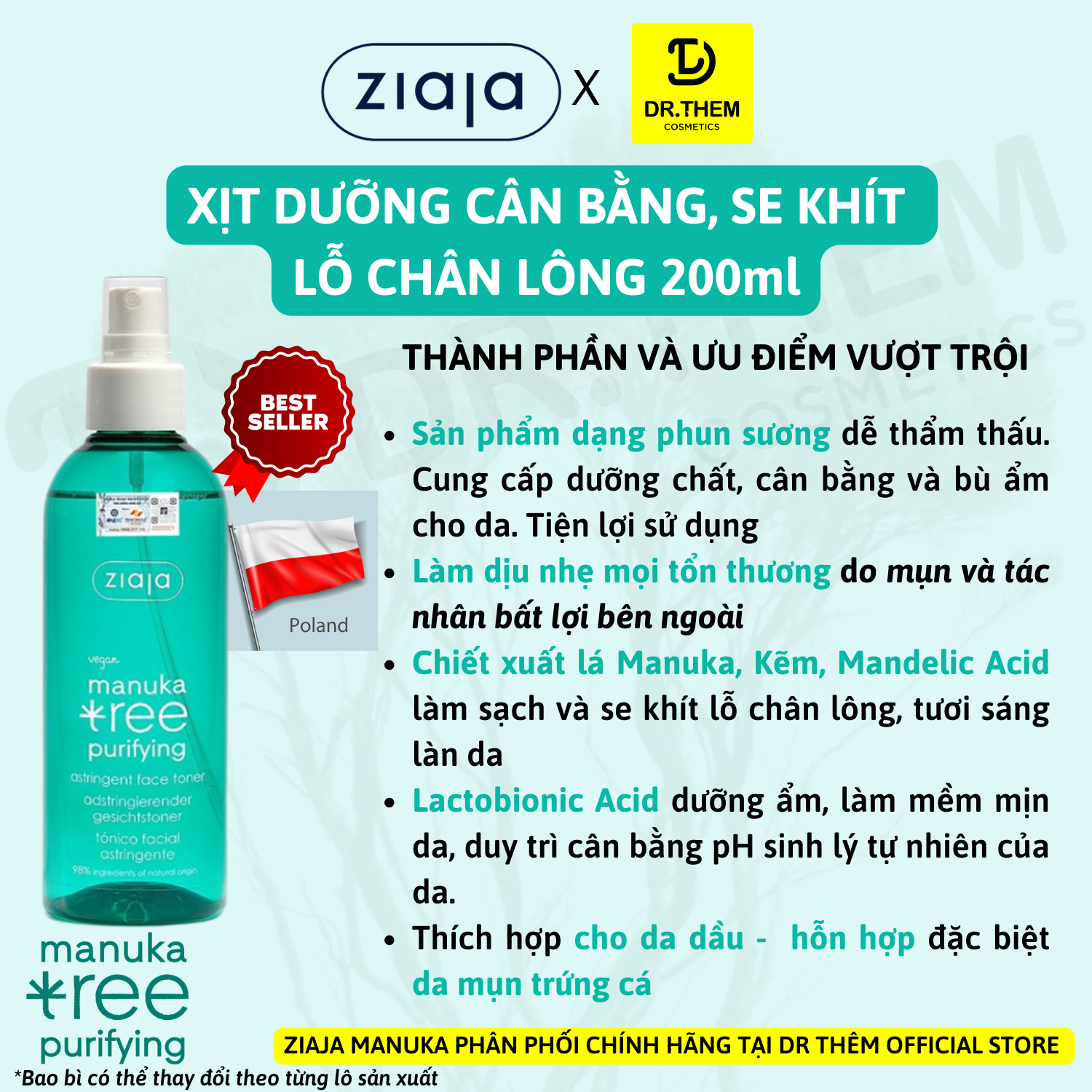 Toner Xịt Dưỡng Se Khít Lỗ Chân Lông Ziaja Manuka Tree Purifying Astringent Face 200ml 5