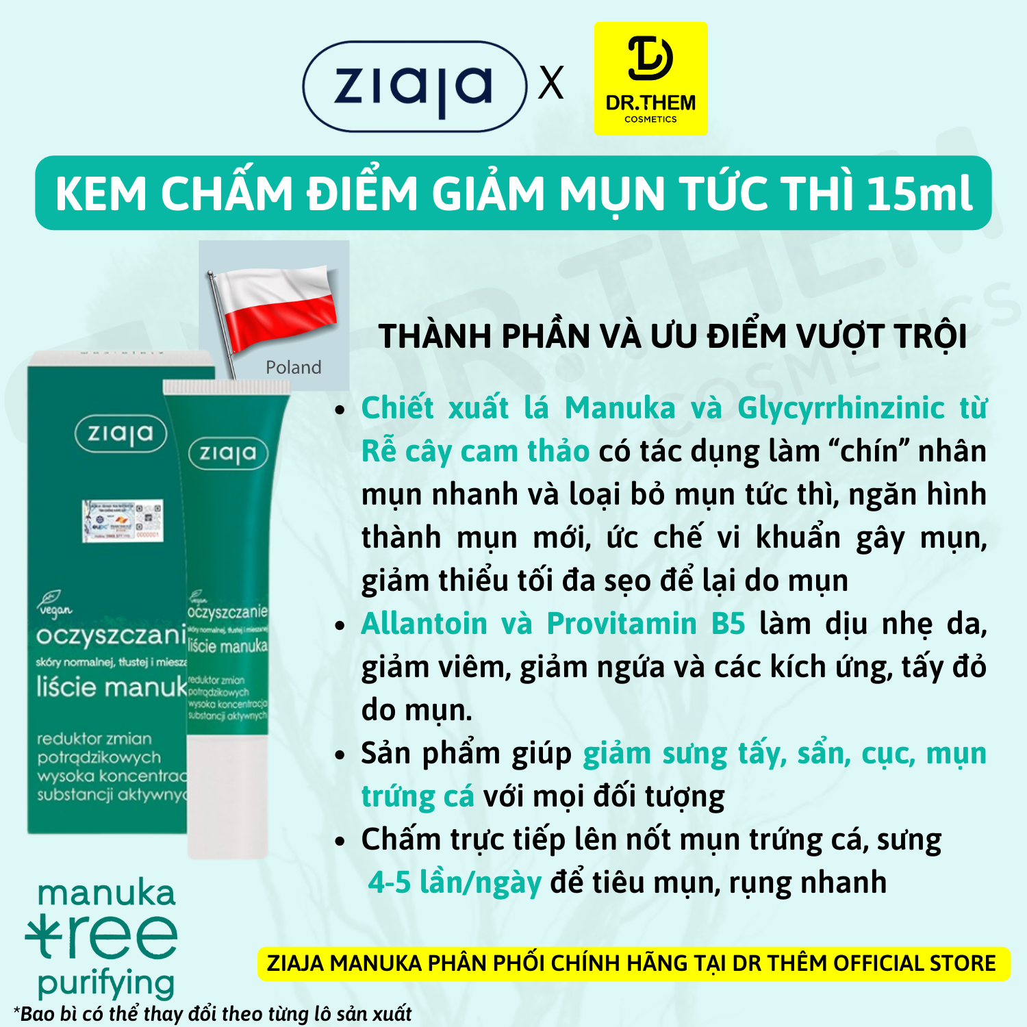 Kem Chấm Điểm Ngừa Mụn Ziaja Oczyszczanie Liscie Manuka Reduktor Zmian Potradzikowych Wysoka Koncentracja Substancji Aktywnych 15ml 6