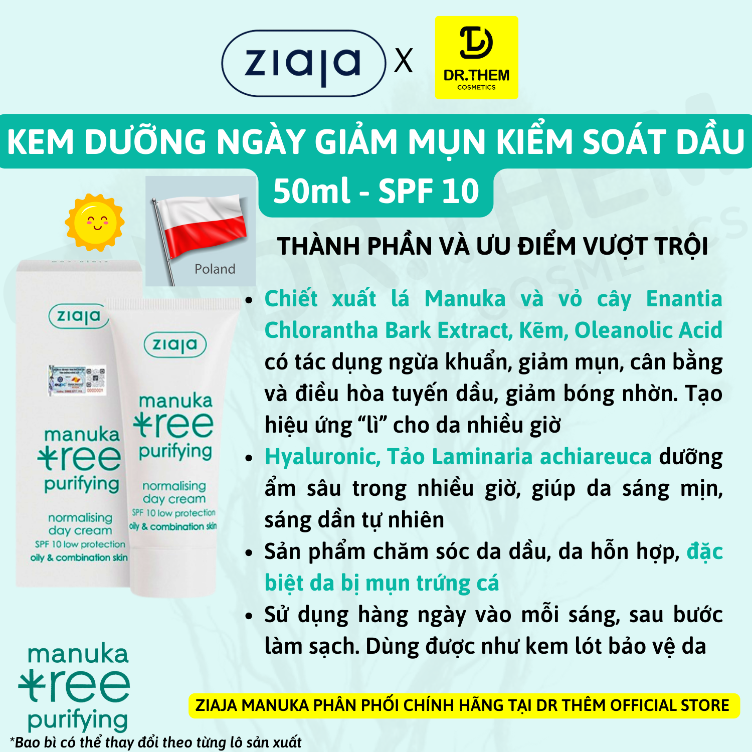 Kem Dưỡng Kiềm Dầu Cân Bằng Ngày/ Đêm Cho Da Dầu Mụn Ziaja Manuka Tree Purifying Normalising Day/ Gently Exfoliating Night Cream 50ml 7