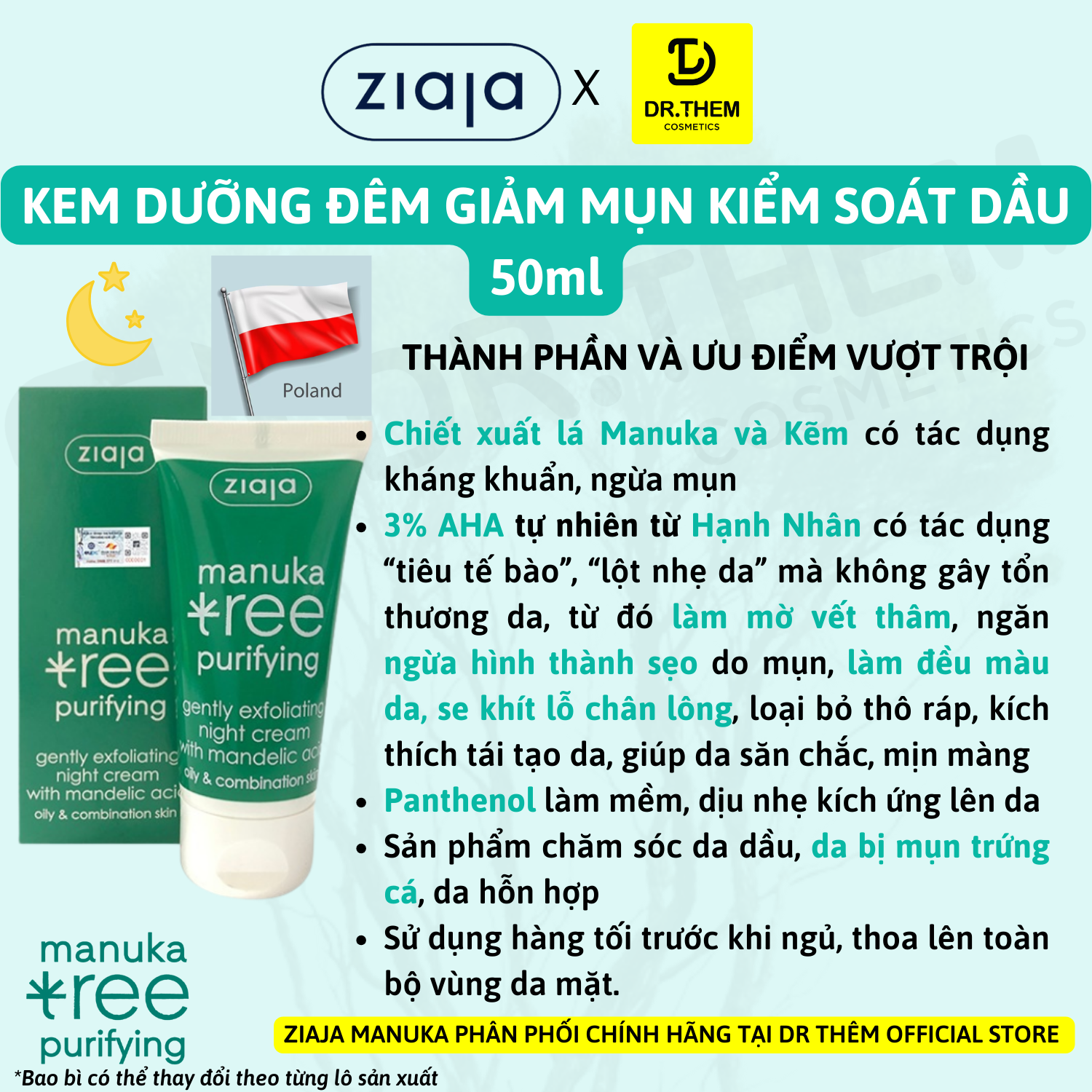 Kem Dưỡng Kiềm Dầu Cân Bằng Ngày/ Đêm Cho Da Dầu Mụn Ziaja Manuka Tree Purifying Normalising Day/ Gently Exfoliating Night Cream 50ml 6
