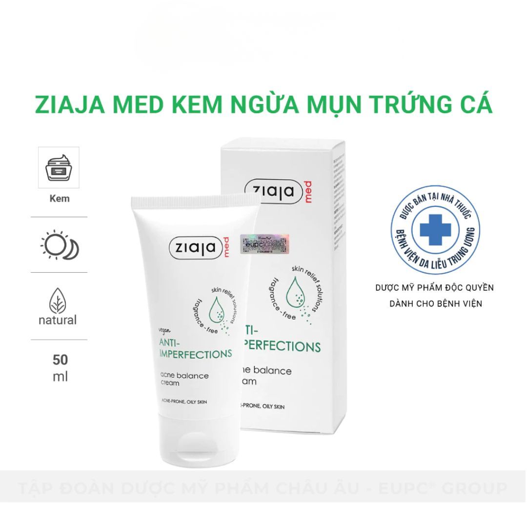  Kem Dưỡng Ngừa Mụn Trứng Cá Ziaja Med Anti-Imperfections Dermatological Formula Acne Balance Cream 50ml 