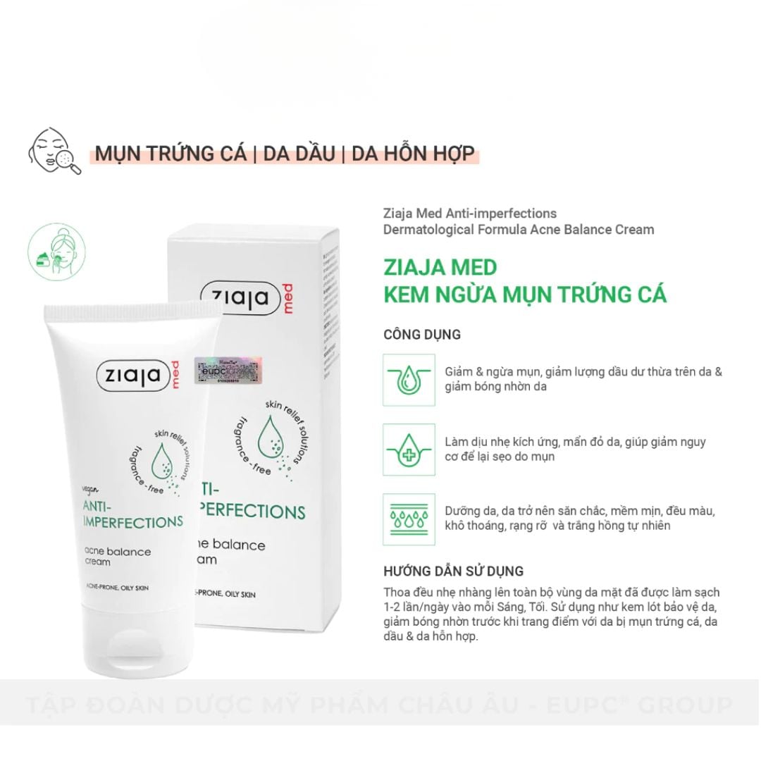 Kem Dưỡng Ngừa Mụn Trứng Cá Ziaja Med Anti-Imperfections Dermatological Formula Acne Balance Cream 50ml 5