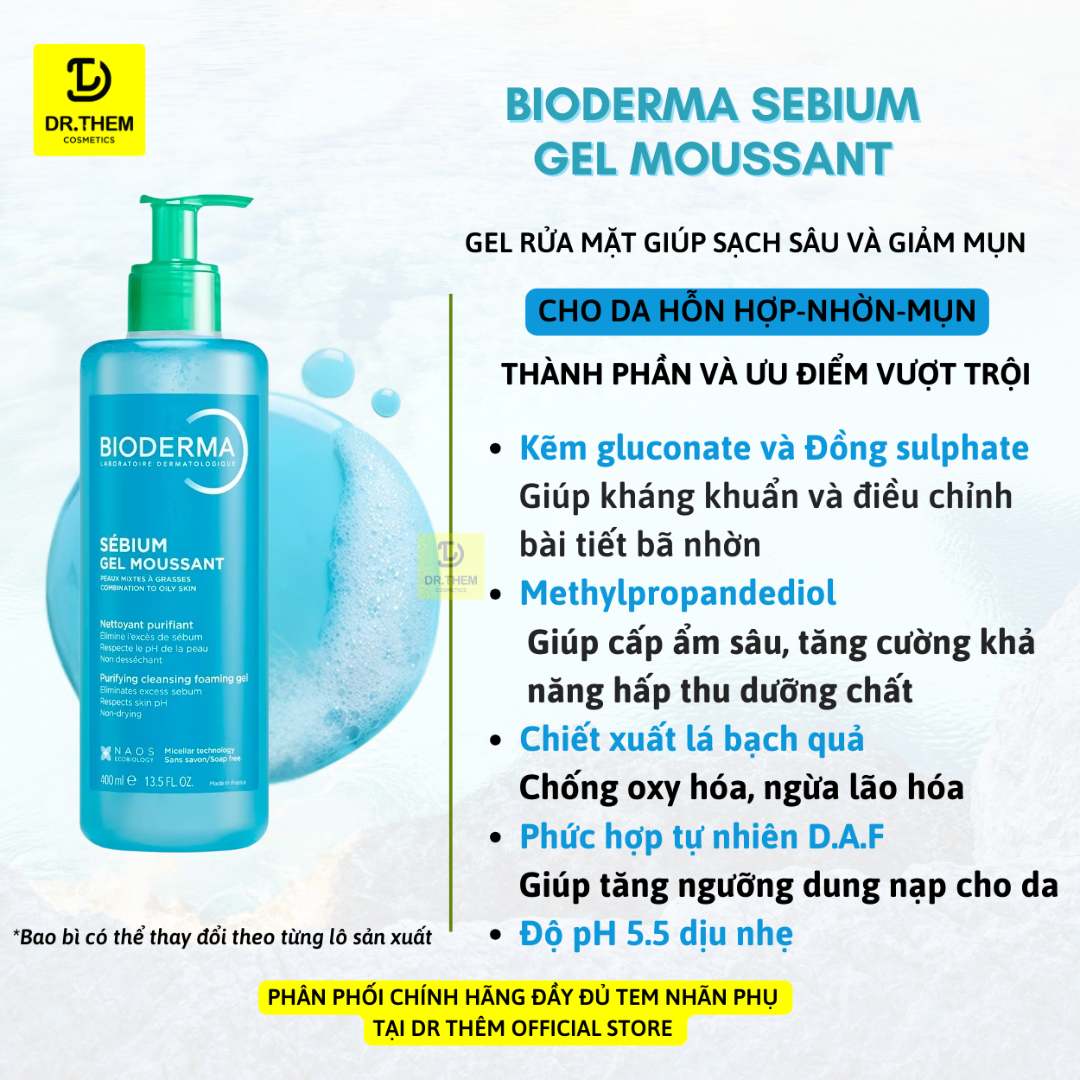  Sữa Rửa Mặt Tạo Bọt, Cho Da Hôn Hợp Và Da Dầu Mụn Bioderma Sebium Gel Moussant Gel 