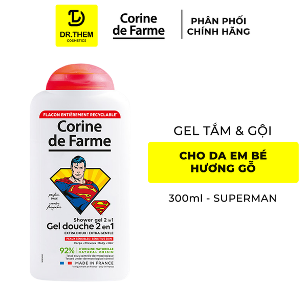 Gel Tắm Gội 2 In 1 Cho Bé Corine De Farme Superman 300ml – Hương Gỗ
