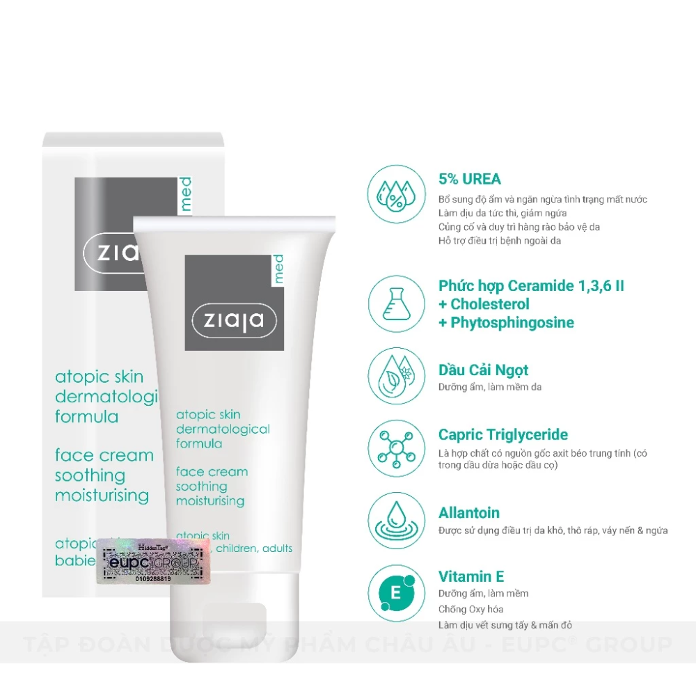 Kem Dưỡng Dịu Nhẹ Dưỡng Ẩm 5% Urê Ziaja Med Atopic Skin Dermatological Formula Face Cream 50ml 4