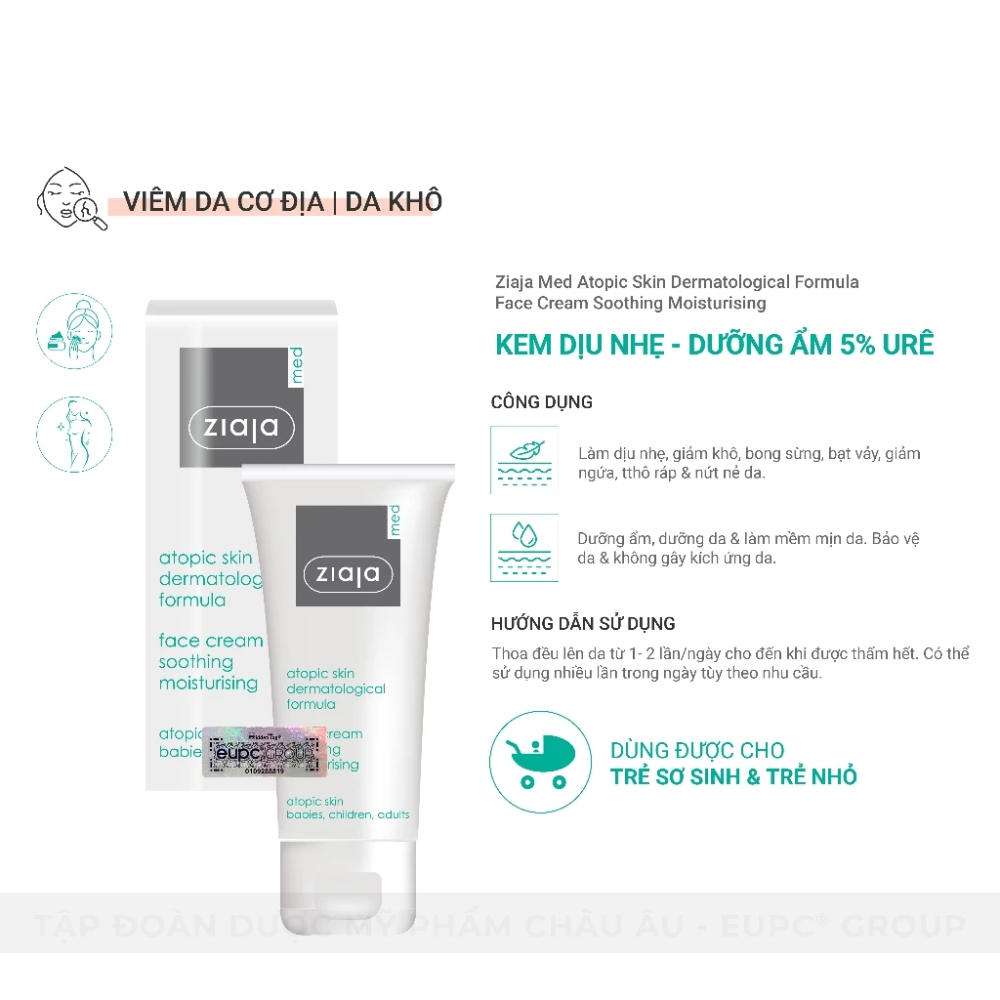 Kem Dưỡng Dịu Nhẹ Dưỡng Ẩm 5% Urê Ziaja Med Atopic Skin Dermatological Formula Face Cream 50ml 5