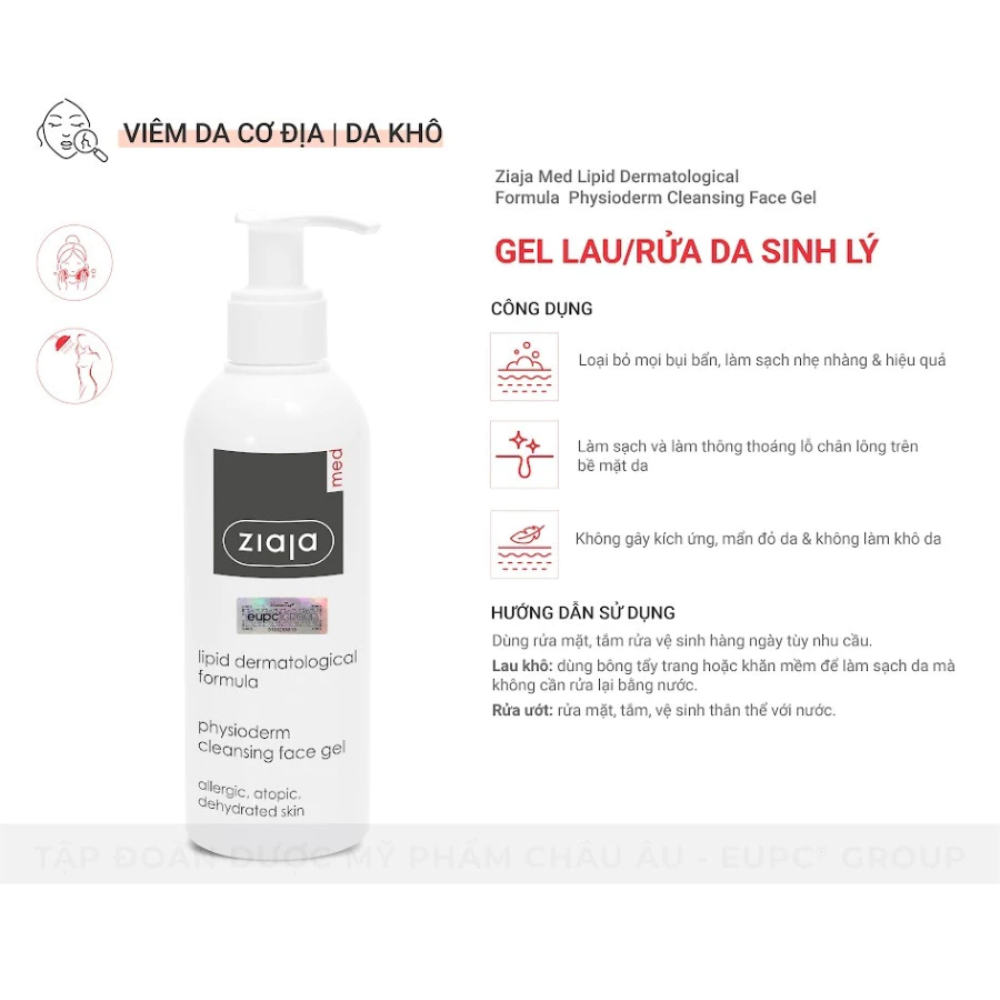 Gel Lau Rửa Da Sinh Lý Ziaja Med Lipid Dermatological Formula Physioderm Cleansing Face Gel 200ml 5