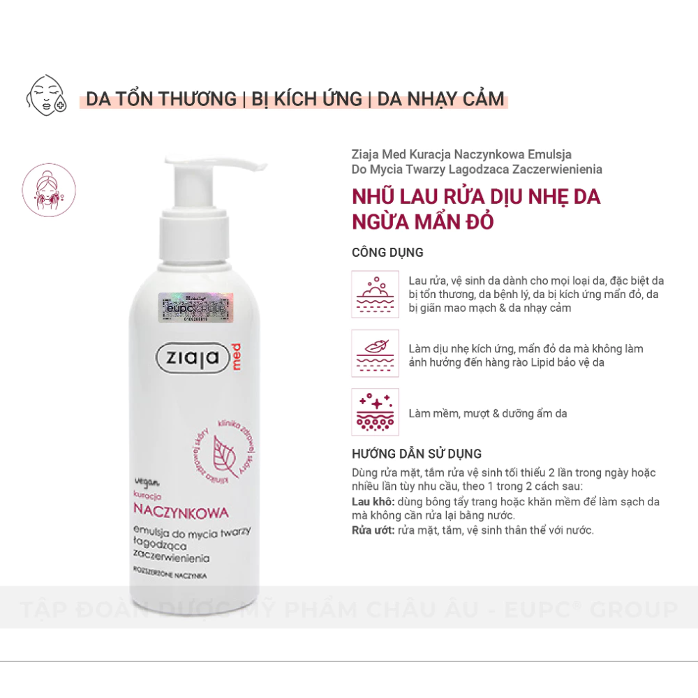 Nhũ Lau Rửa Dịu Nhẹ Da Ngừa Mẩn Đỏ Ziaja Med Kuracja Naczynkowa 200ml 3