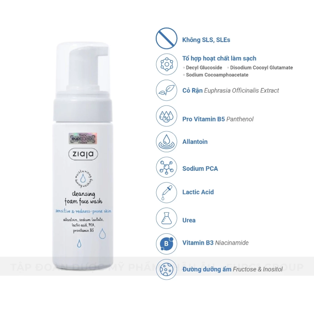 Rửa Mặt Dạng Bọt Siêu Dịu Nhẹ Ngừa Mẩn Đỏ Ziaja Cleansing Foam Face Wash Sensitive & Redness-prone Skin 150ml 6