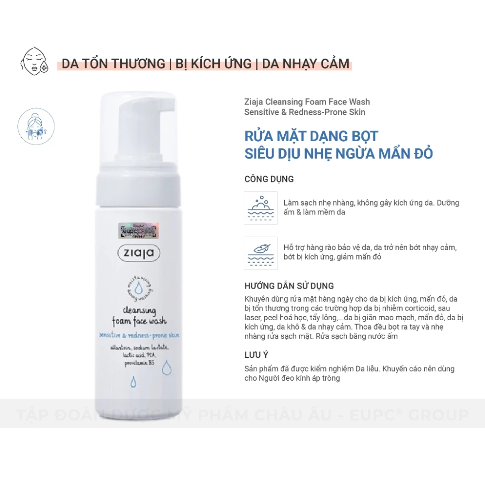 Rửa Mặt Dạng Bọt Siêu Dịu Nhẹ Ngừa Mẩn Đỏ Ziaja Cleansing Foam Face Wash Sensitive & Redness-prone Skin 150ml 5
