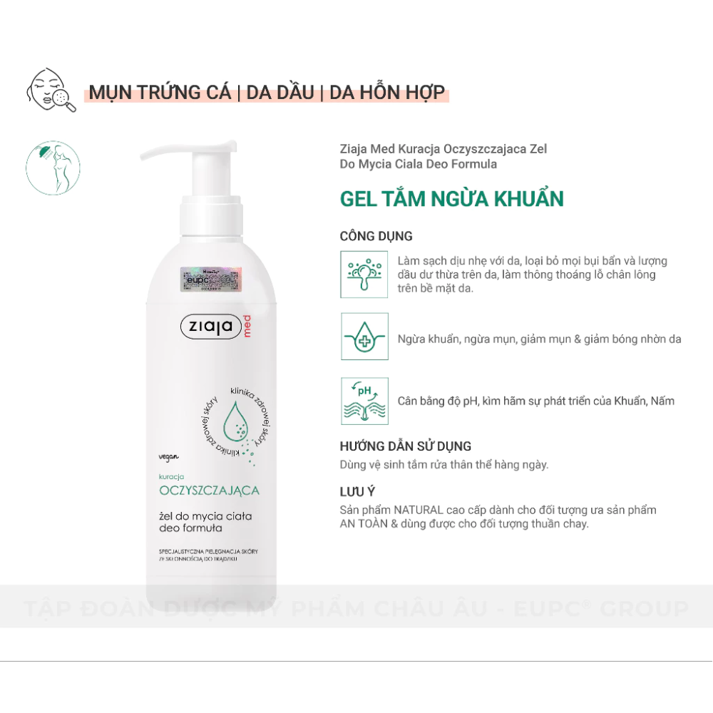 Gel Tắm Ngừa Khuẩn Nấm Ziaja Med Kuracja Oczyszczajaca Zel Do Mycia Ciala Deo Formula 400ml 5