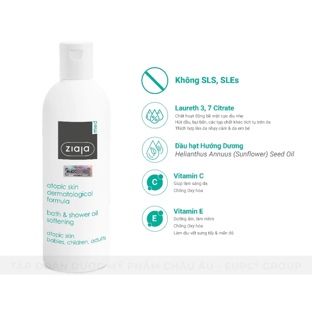 Dầu Tắm Mềm Mịn Da Ziaja Med Atopic Skin Dermatological Formula Bath & Shower Oil Softening 270ml 5