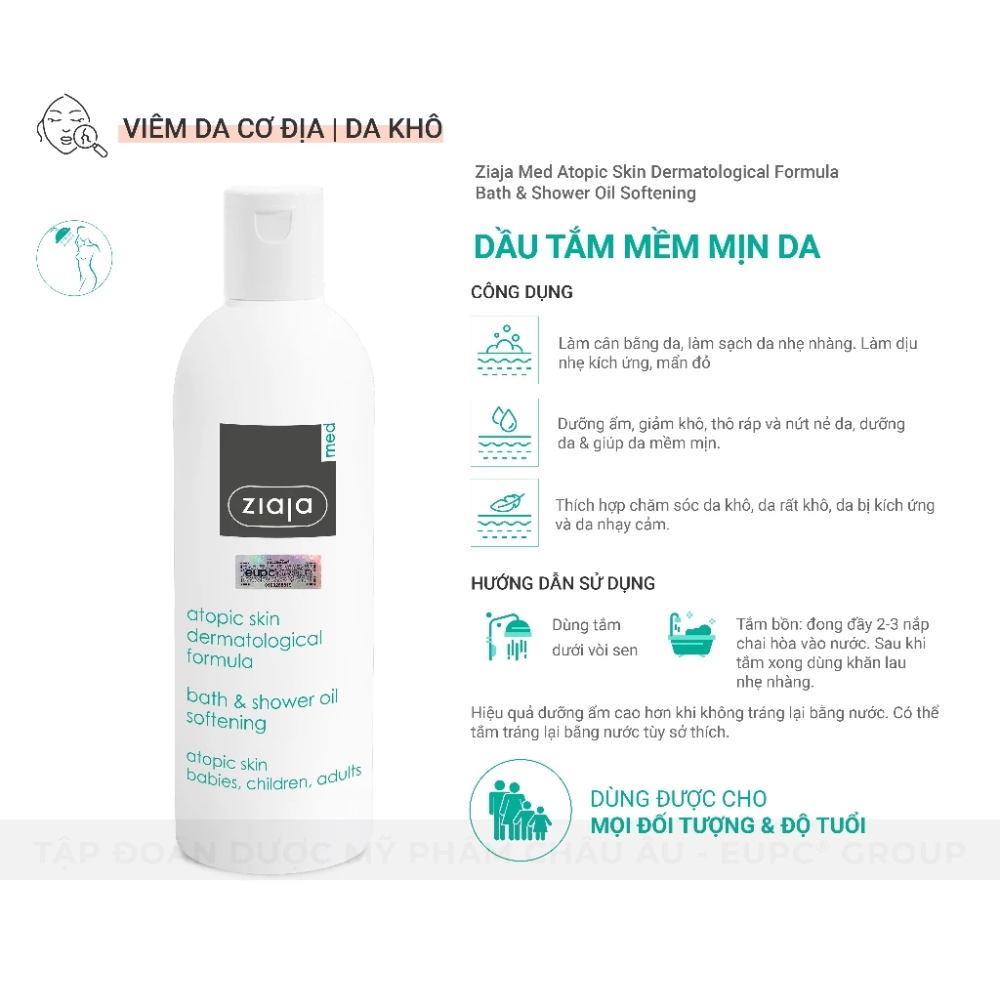 Dầu Tắm Mềm Mịn Da Ziaja Med Atopic Skin Dermatological Formula Bath & Shower Oil Softening 270ml 4