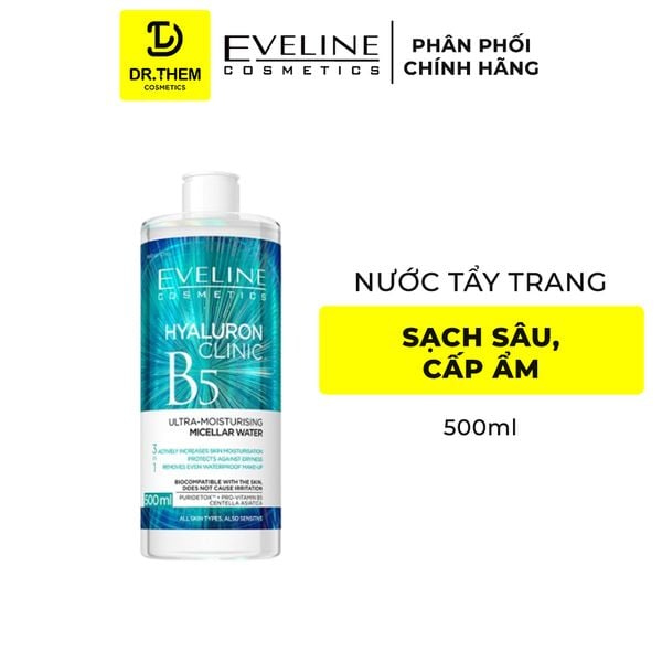 Nước Tẩy Trang Eveline Hyaluron Clinic B5 Ultra Moisturising Micellar Water Dưỡng Ẩm Cho Da 500ml
