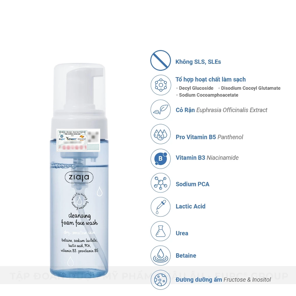 Rửa Mặt Dạng Bọt Siêu Dịu Nhẹ Dưỡng Ẩm Làm Mềm Ziaja Cleansing Foam Face Wash Dry, Sensitive Skin 150ml 5