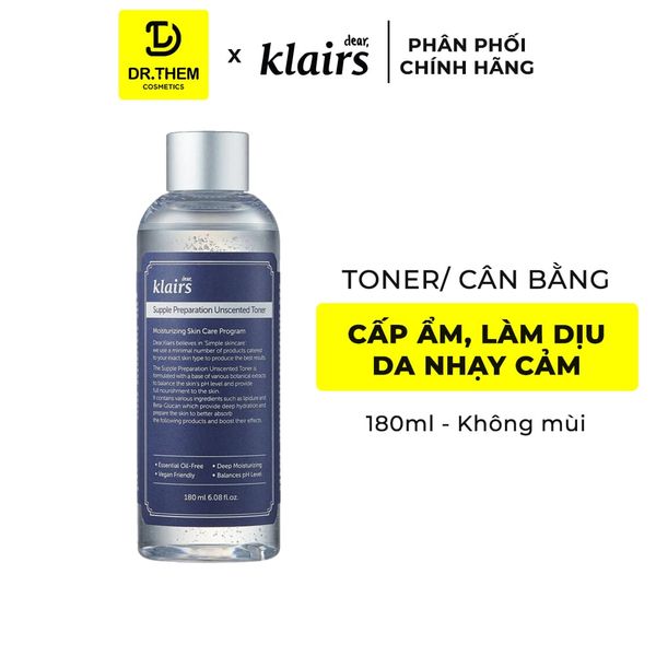 Nước Hoa Hồng Klairs Supple Preparation Unscented Toner Không Mùi Cho Da Nhạy Cảm 180ml