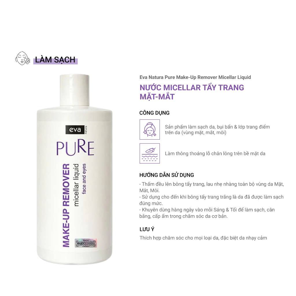 Eva Natura Pure Nước Micellar Tẩy Trang Mặt Mắt Môi Dịu Nhẹ 500ml 2