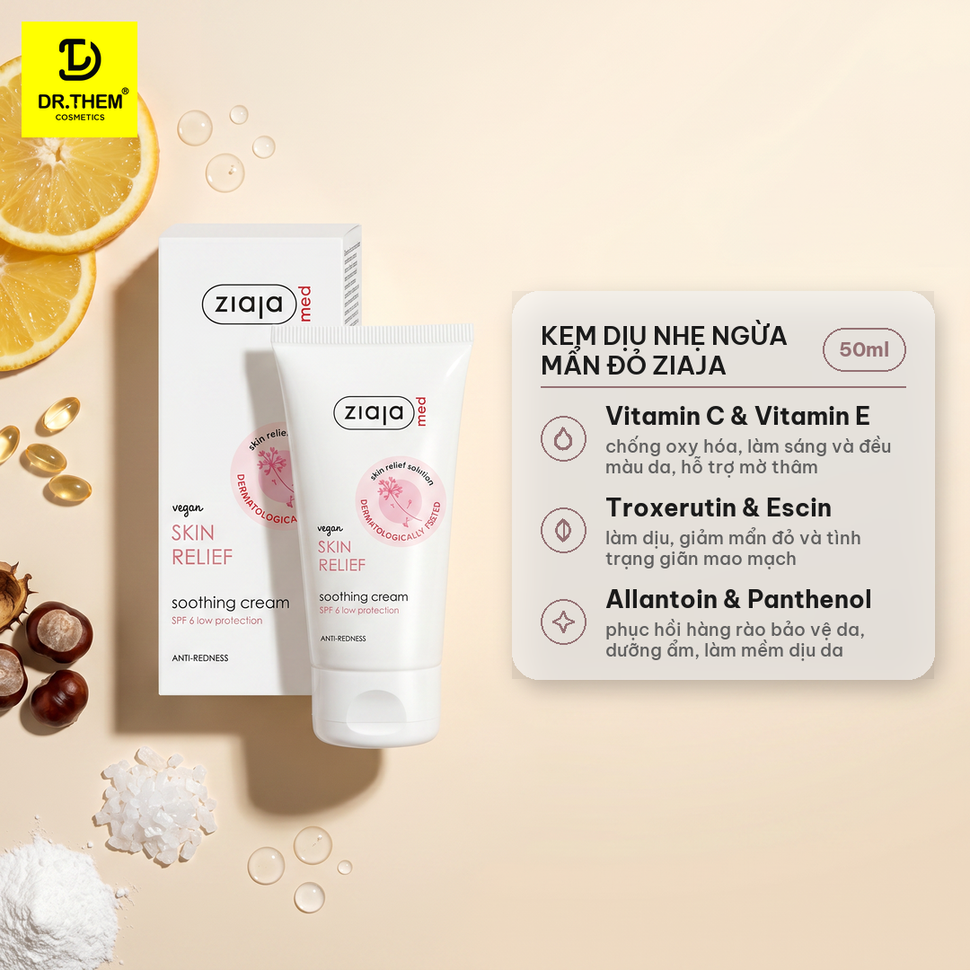 Kem Dịu Nhẹ Ngừa Mẩn Đỏ Ziaja Med Skin Relief Dermatological Formula Soothing Cream Anti-Redness 50ml 3