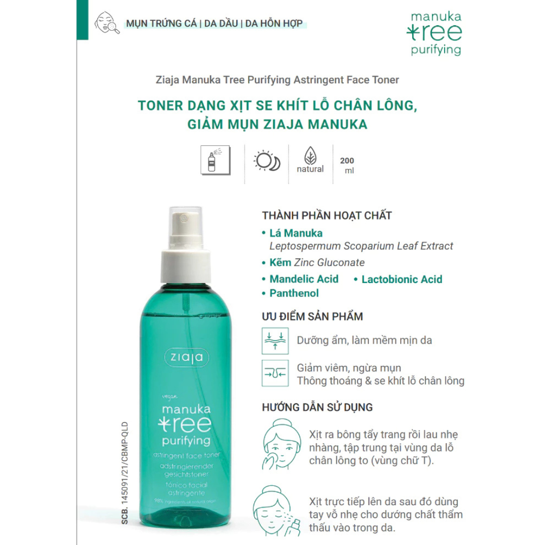 Toner Xịt Dưỡng Se Khít Lỗ Chân Lông Ziaja Manuka Tree Purifying Astringent Face 200ml 4