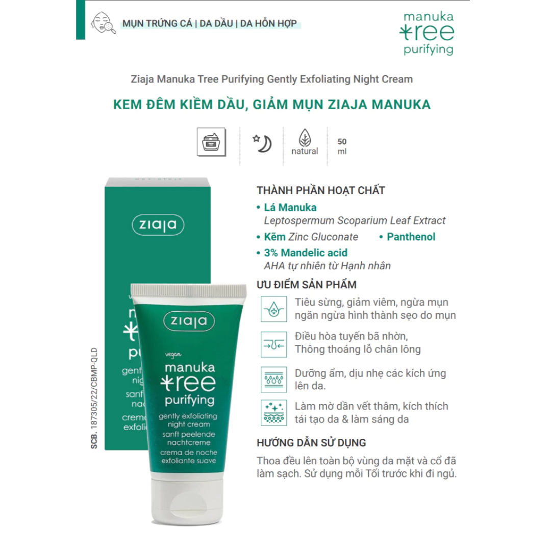Kem Dưỡng Kiềm Dầu Cân Bằng Ngày/ Đêm Cho Da Dầu Mụn Ziaja Manuka Tree Purifying Normalising Day/ Gently Exfoliating Night Cream 50ml 5