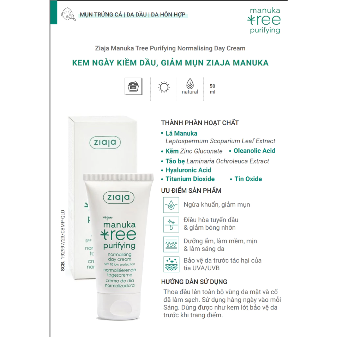 Kem Dưỡng Kiềm Dầu Cân Bằng Ngày/ Đêm Cho Da Dầu Mụn Ziaja Manuka Tree Purifying Normalising Day/ Gently Exfoliating Night Cream 50ml 4