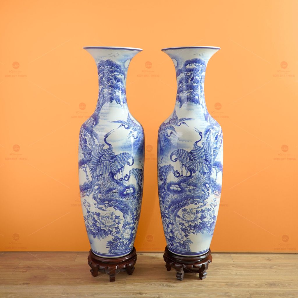 Lộc Bình Béo 1M4 Men Lam Họa Tiết Tùng Hạc