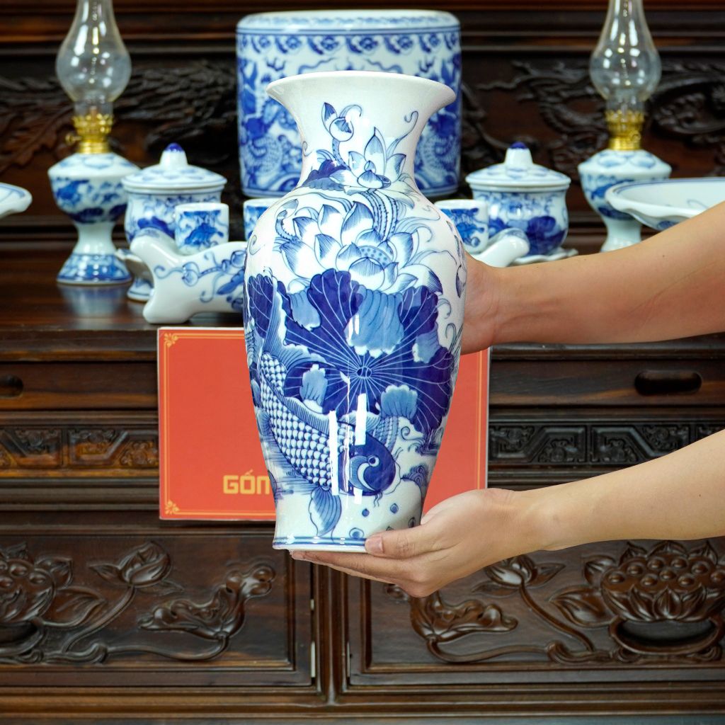 Bộ Đồ Thờ Bác Hồ (Cơ Bản 10 Món) Men Lam