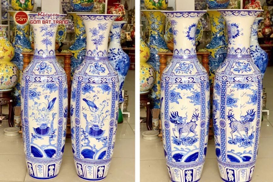 Lộc Bình 1M2 Men Lam Họa Tiết Phúc Đức Tứ Cảnh