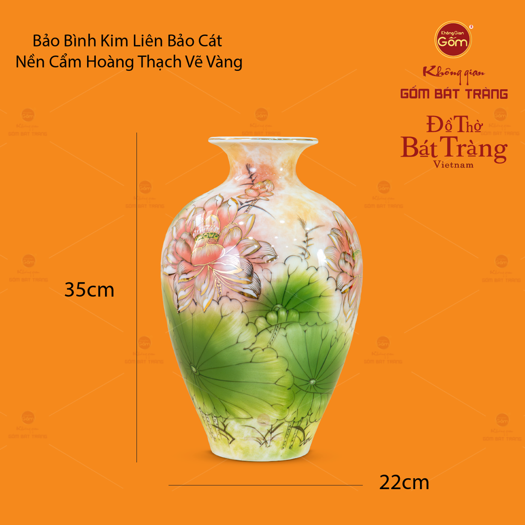 Bảo Bình Vẽ Vàng Kim Liên Bảo Cát Nền Cẩm Hoàng Thạch