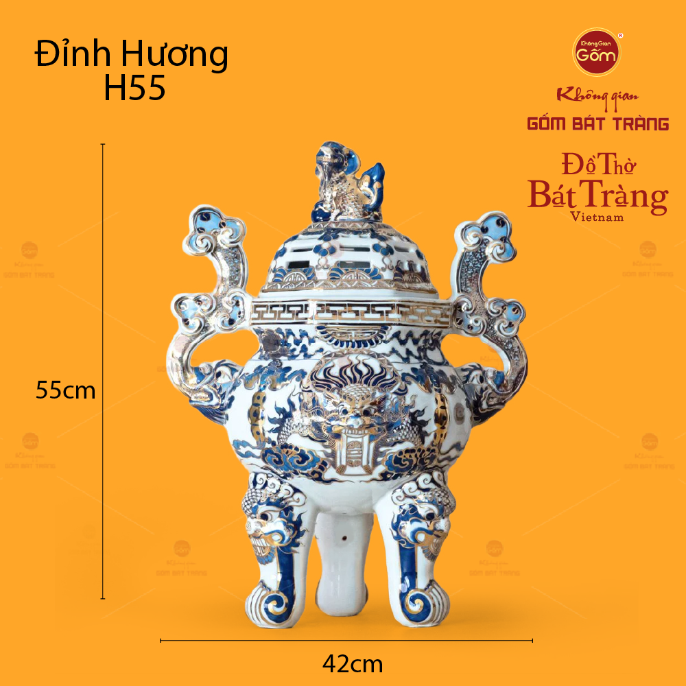Đỉnh Hương Thờ Men Lam Vẽ Vàng Vẽ Rồng