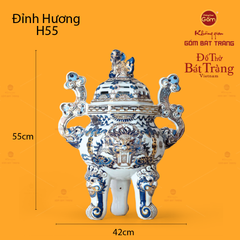 Đỉnh Hương Thờ Men Lam Vẽ Vàng Vẽ Rồng