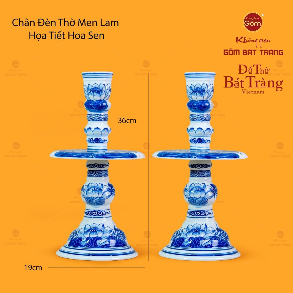 Chân Đèn Thờ Men Lam Hoạ Tiết Hoa Sen
