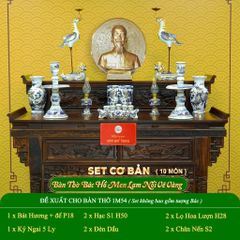 Bộ Đồ Thờ Bác Hồ (Cơ Bản 10 Món) Men Lam Nổi Vẽ Vàng