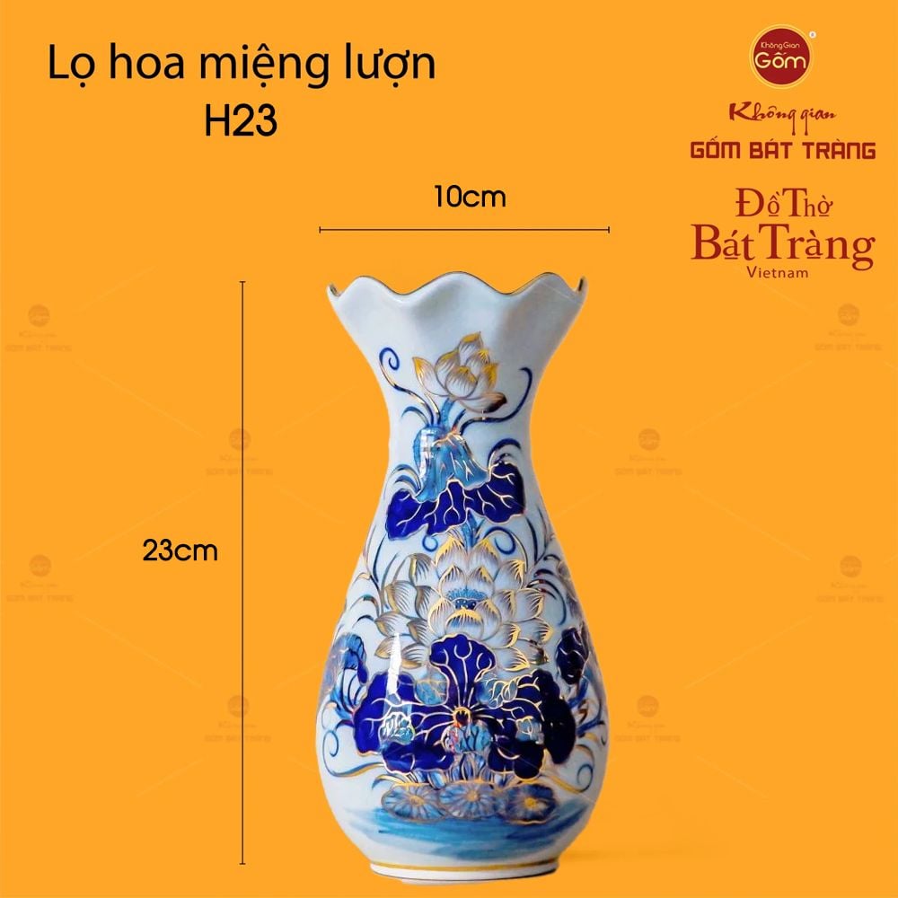 Lọ Hoa Thờ Miệng Lượn Men Lam Vẽ Vàng Họa Tiết Hoa Sen
