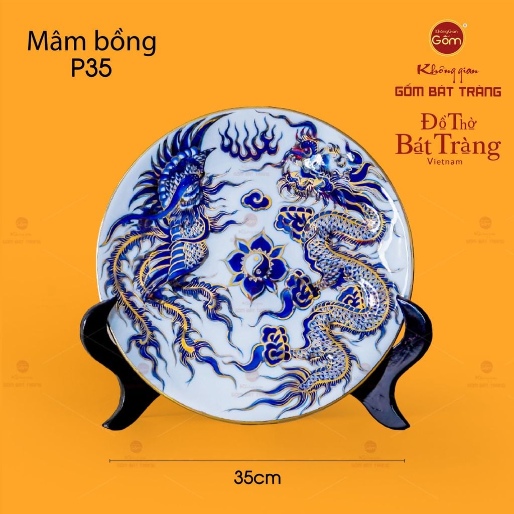 Mâm Bồng Men Lam Nổi Long Phụng Trình Tường Vẽ Vàng