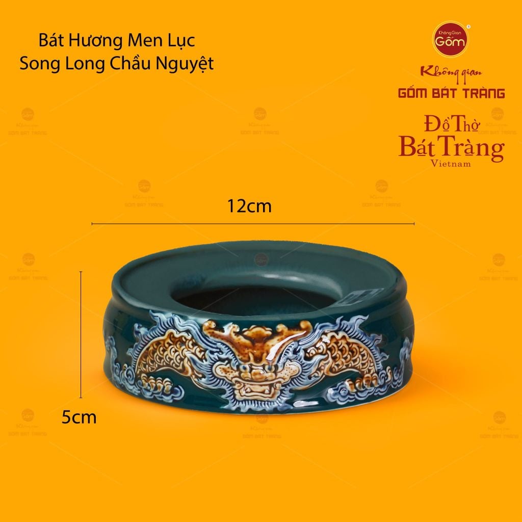 Đế Bát Hương Thờ Men Lục Họa Tiết Song Long Chầu Nguyệt