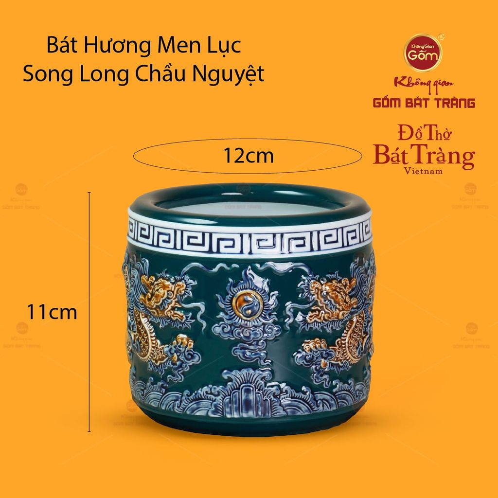 Bát Hương Thờ Men Lục Họa Tiết Song Long Chầu Nguyệt