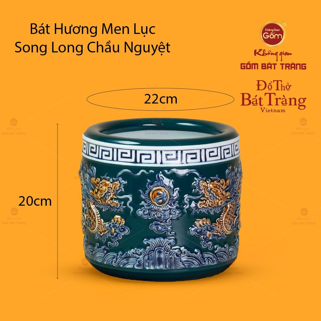 Bát Hương Thờ Men Lục Họa Tiết Song Long Chầu Nguyệt