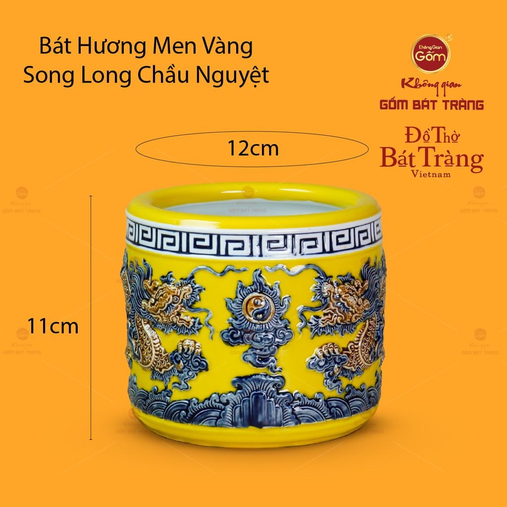 Bát Hương Thờ Men Vàng Họa Tiết Song Long Chầu Nguyệt