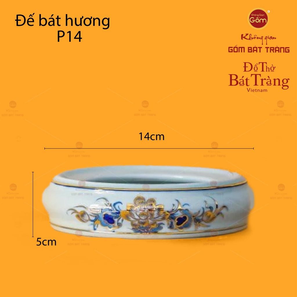 Đế Bát Hương Thờ Men Lam Vẽ Vàng Họa Tiết Hoa Sen