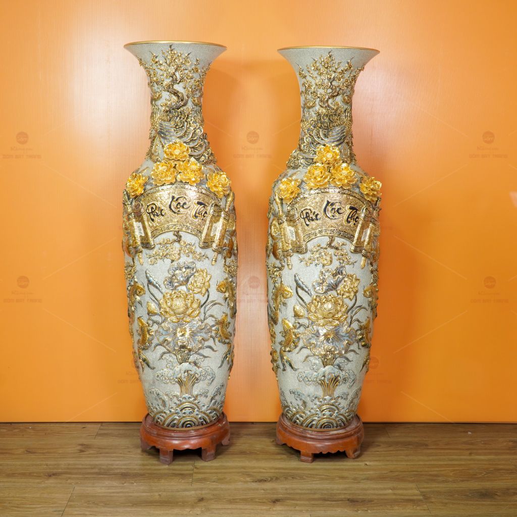 Lộc Bình 1M4 Men Rạn Họa Tiết Phúc Lộc Thọ Đắp Nổi Vẽ Vàng