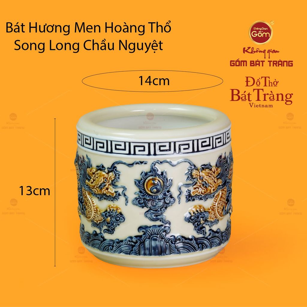 Bát Hương Thờ Men Hoàng Thổ Họa Tiết Song Long Chầu Nguyệt